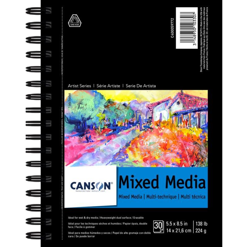 Heavyweight French Paper Canson Mix Media Art Book 40 Sheets 138 Pound Double Sided Fine and Medium Texture 5.5 x 8.5 Inch Side Wire Bound 